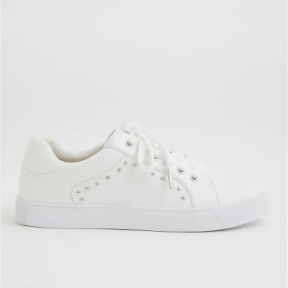 TORRID WHITE FAUX LEATHER STUDDED LACE-UP SNEAKERs 12 (WW) Shoes - Picture 2 of 7